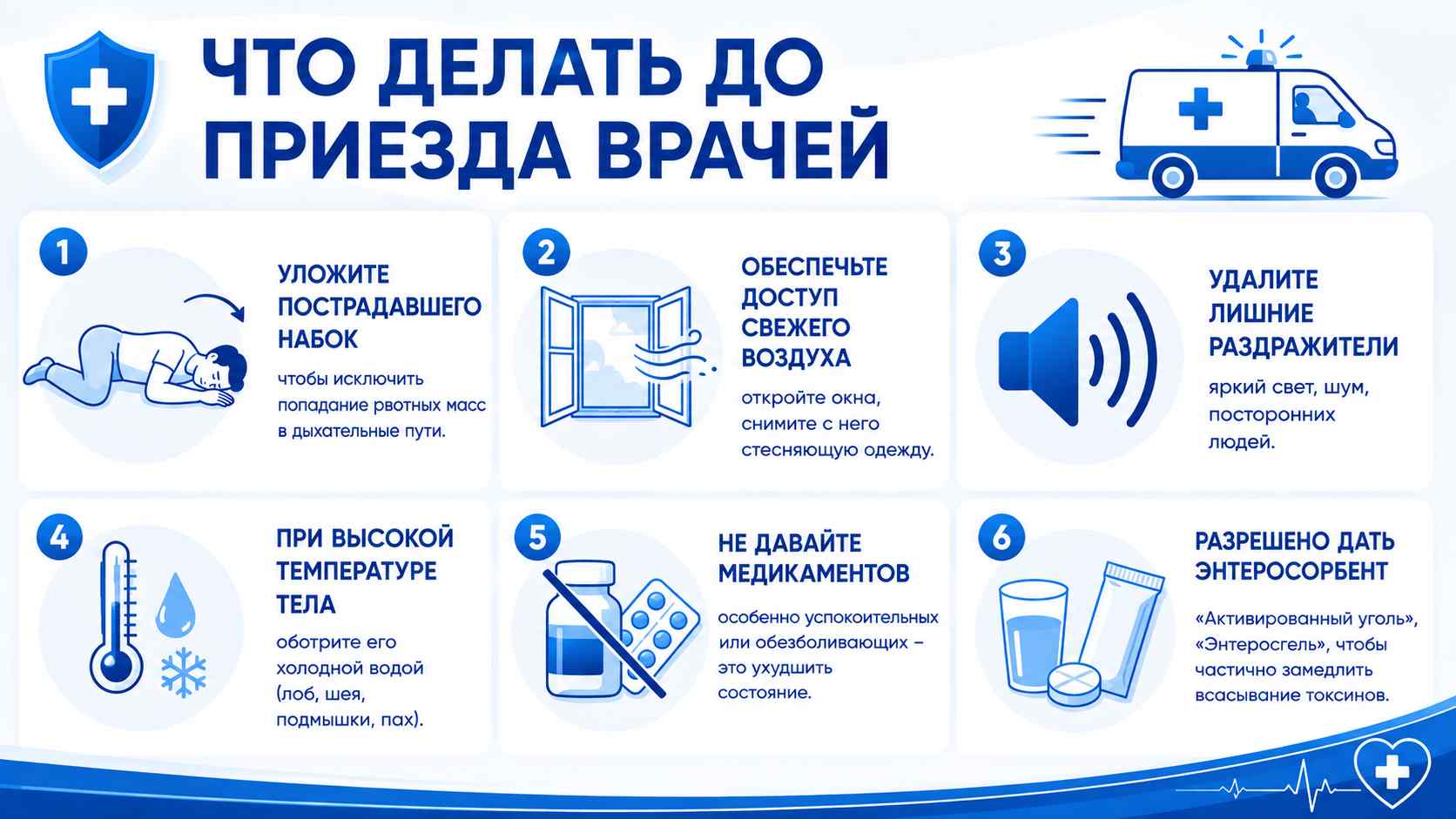 Инфографика с рекомендациями по оказанию первой помощи до приезда врачей: уложить пострадавшего набок, обеспечить доступ свежего воздуха, устранить раздражители, охладить тело при высокой температуре, не давать медикаменты и при необходимости использовать энтеросорбент.
