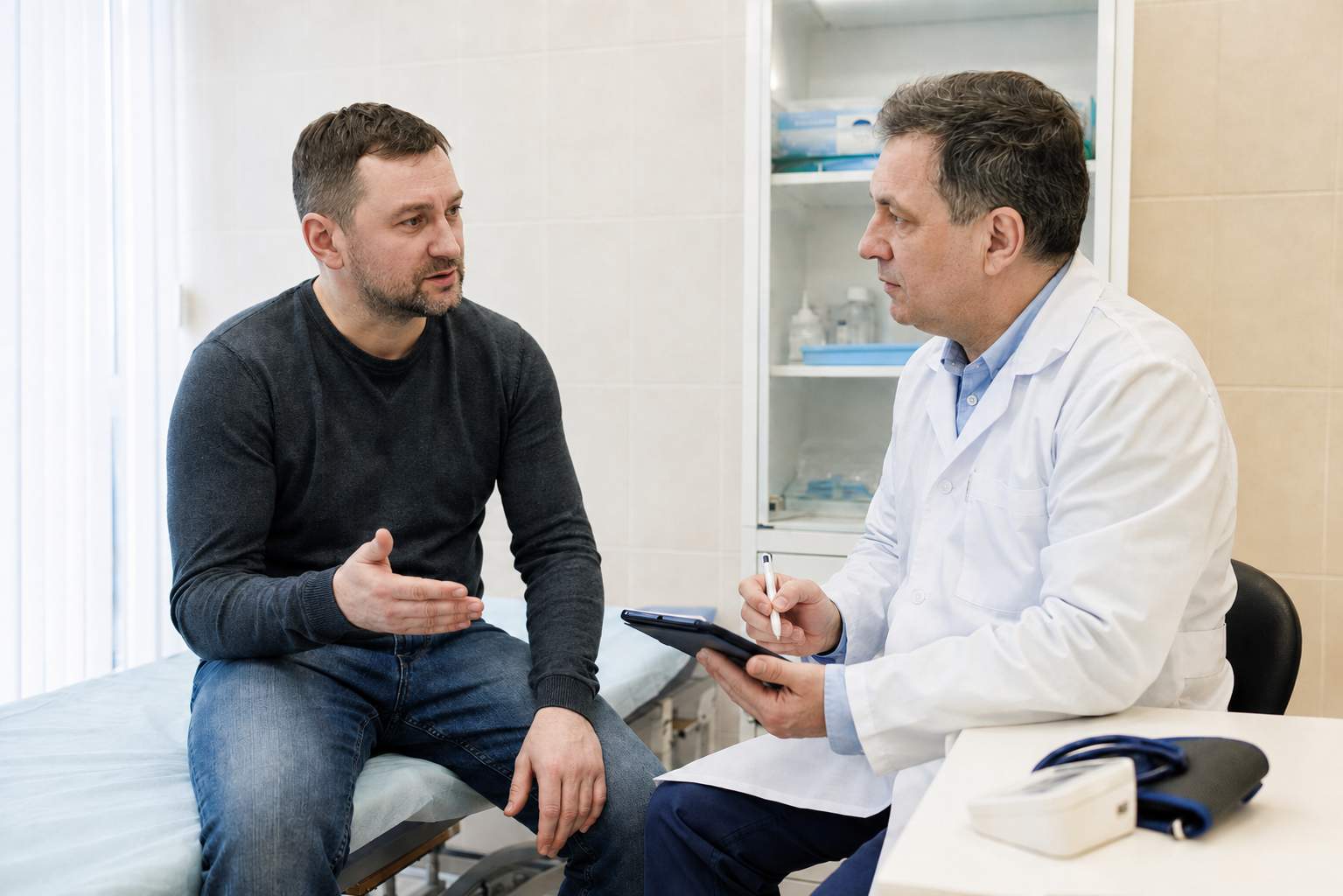 Врач беседует с пациентом и уточняет сведения о принятом веществе и симптомах при возможной интоксикации.
